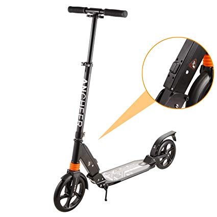 ANCHEER Adult Kick Scooter with 1 Second Easy-Folding, Dual Suspension Shocks and 2 Big 200mm Wheels | Portable Adjustable City Commuter Scooter with Carrying Strap for Kids Age 8+, Support 220lb